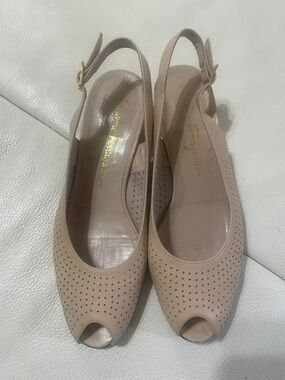 Salvatore Ferragamo Beige Perforated Peep-Toe Slingback Flats